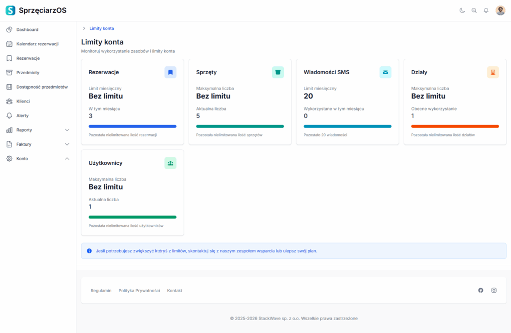 Limity konta w systemie SprzęciarzOS