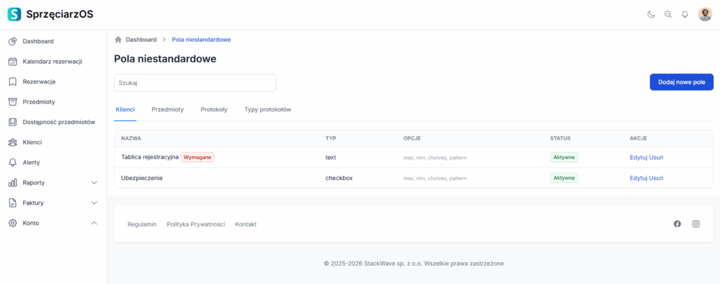 Pola niestandardowe w systemie SprzęciarzOS