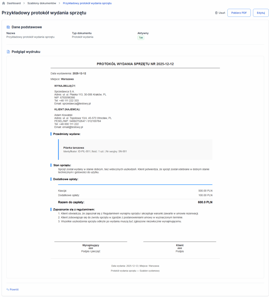 Szablony dokumentów w systemie SprzęciarzOS